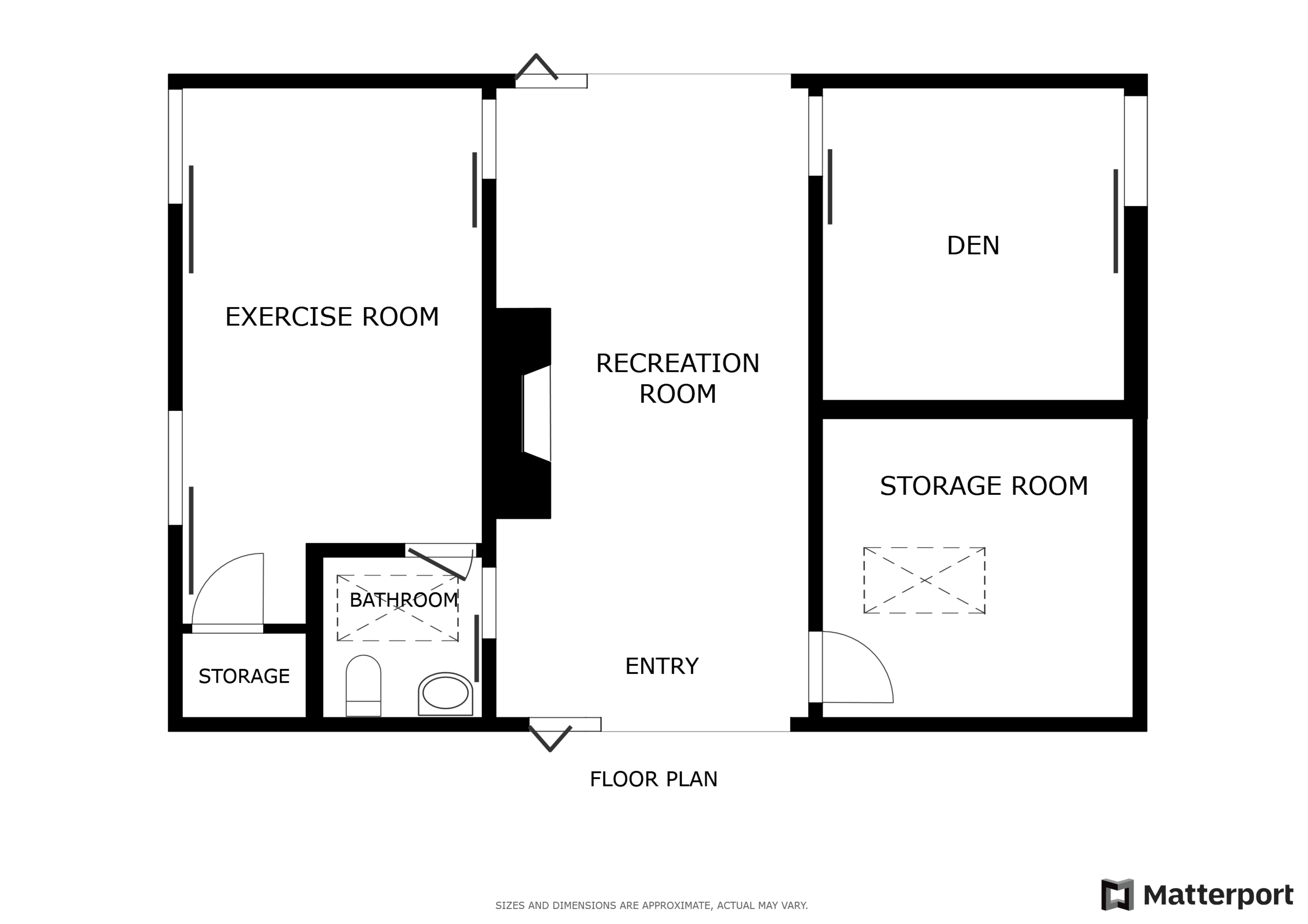 Detached barn floor plan: exercise room, recreation room, den, storage, half bath