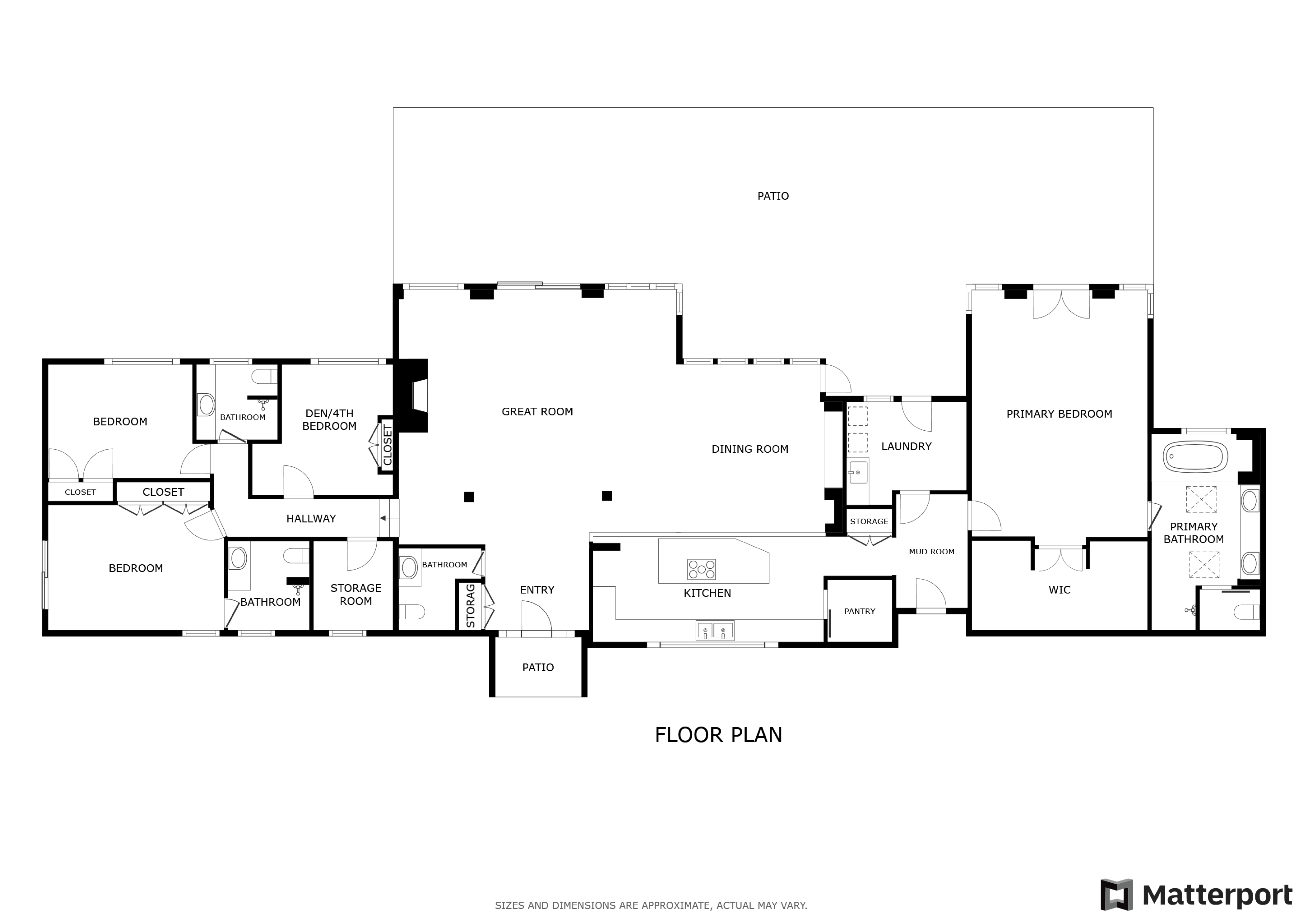 Main residence floor plan: 4 bedrooms, primary suite, great room with patio access, kitchen, dining