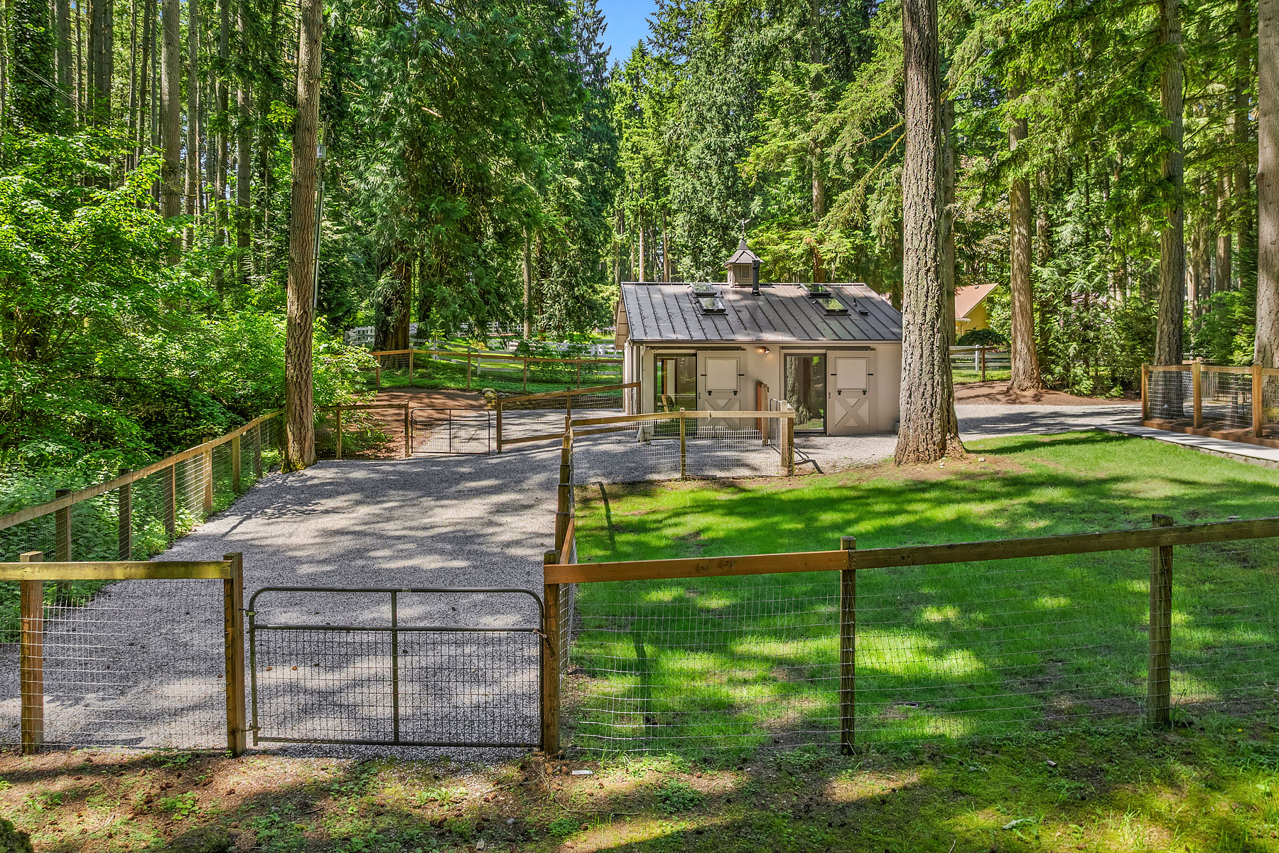 The detached barn deep among the cedars, with split-rail wood paddock fencing in the foreground